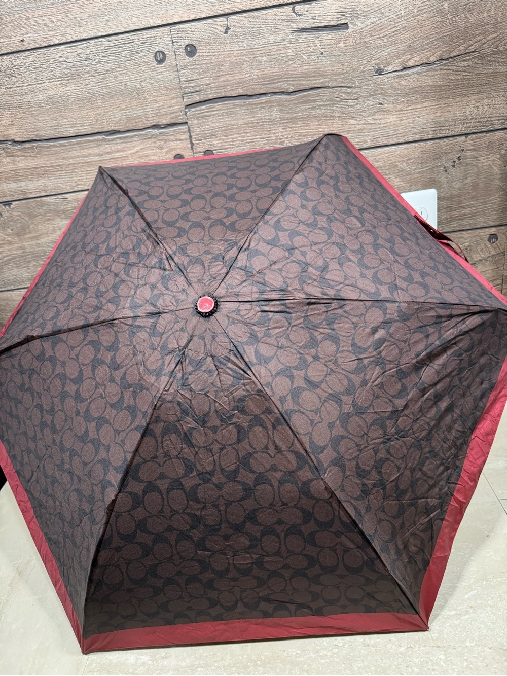 Coach Brown Signature Monogram Umbrella with Red Trim